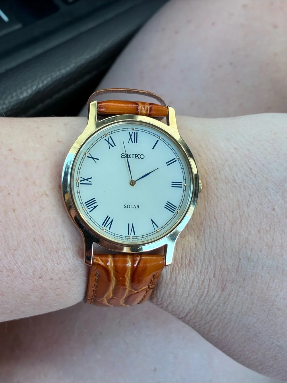Seiko Gold-Tone Case Watch with White Dial and Brown Leather Strap